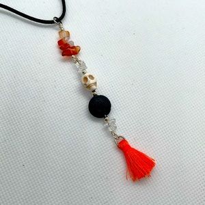Carnelian, Howlite , quartz, lava stone necklace skull pendant for essential oil